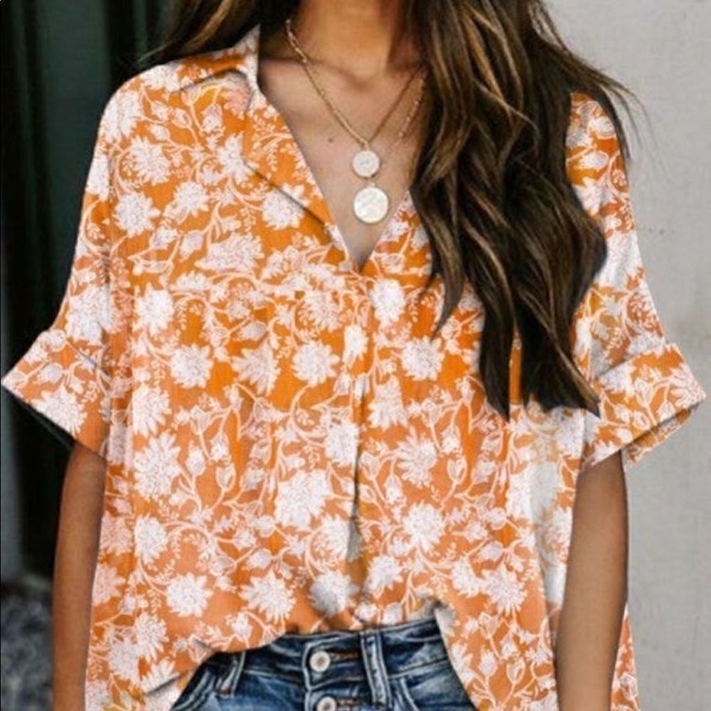 New C+D+M Collection orange floral blouse